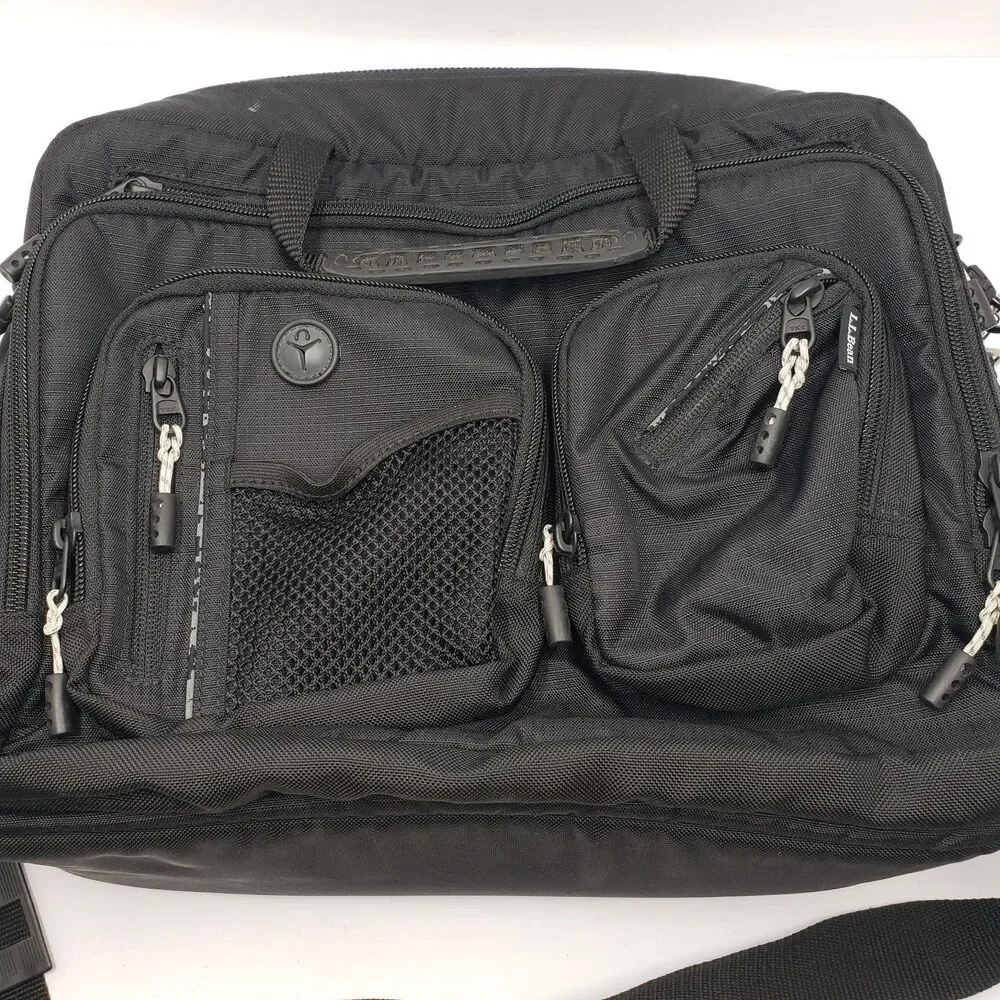 Vintage LL Bean Black Padded Laptop Messenger Bag Briefcase Satchel Multi Pocket